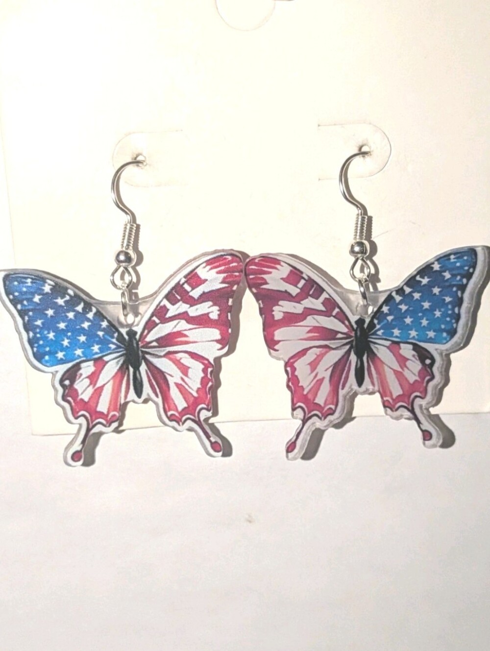 Hand Crafted American Flag Butterfly Dangle Earrings - Red, White & Blue